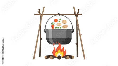 A cartoon illustration shows a pot of stew hanging over a campfire. The fire is lit and the pot has vegetables