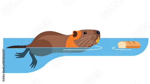 A cartoon-style illustration of a beaver swimming in water towards a loaf of bread. The beaver has a brown body, an orange bib, and yellow teeth