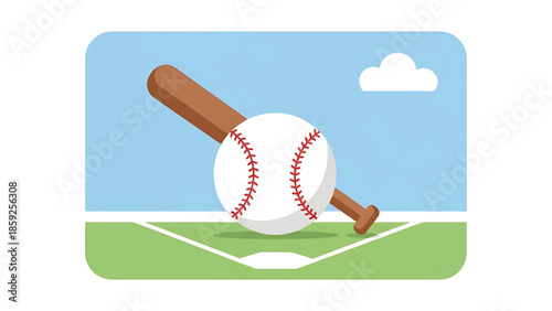 A cartoon-style illustration of a baseball bat resting on the ground with a baseball, set against a blue sky with a cloud