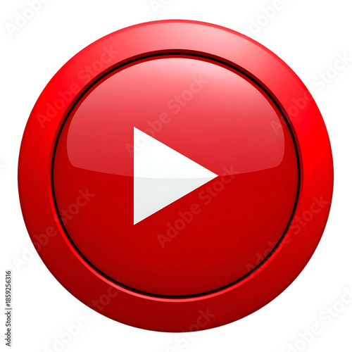 Glossy, red circular button with a white triangle play symbol on a black background