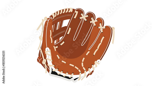 A cartoonish baseball glove, brown leather, beige stitching, detail in texture, on white background.  Rounded design, sport equipment illustration