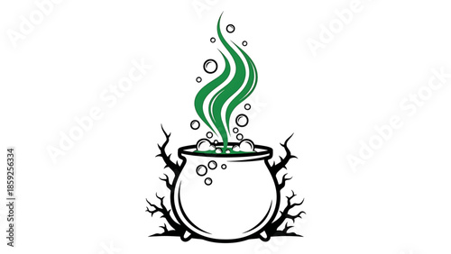 A cartoonish depiction of a cauldron with bubbling green liquid and rising steam. Bare, twiggy branches frame the scene, with bubbles floating around the steam