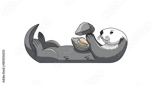 A cartoon otter reclines, holding a rock over a shell with clams. Gray tones with white highlights are used