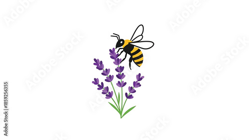 A cartoon-style illustration of a bee hovering above a sprig of purple flowers with green stems and leaves, set against a white background
