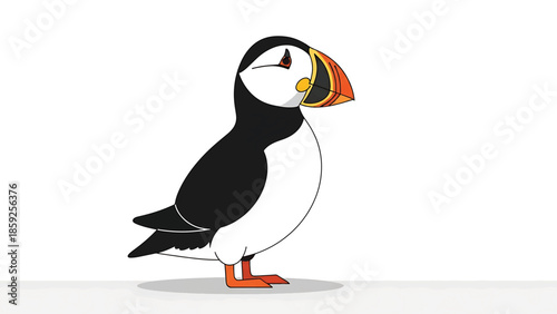 A cartoon-style illustration of a bird with a large, colorful beak. The bird is mostly black and white with orange feet