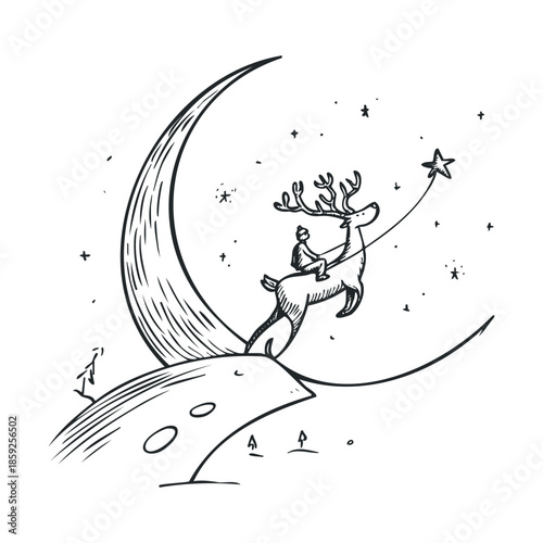 A whimsical sketch of a person riding a flying reindeer, catching a star while soaring over a crescent moon with twinkling constellations, perfect for festive holiday designs and childrens