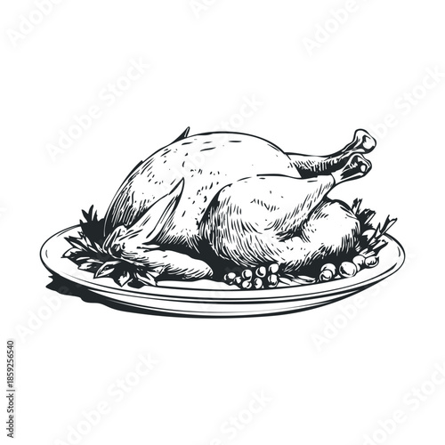Classic handdrawn roasted poultry on a festive serving platter perfect for holiday menus, traditional food marketing, restaurant branding, or cooking blog content.