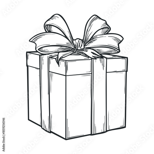 Black and white line drawing of a wrapped present box with a decorative ribbon bow on top, perfect for holiday greetings, party invitations, or celebration themed graphic resources.