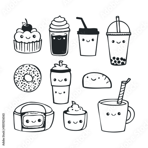 Assortment of sweet and savory snacks and drinks with happy faces in a simple black and white line drawing style suitable for cheerful branding and fun product packaging.