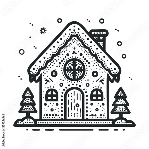 Charming gingerbread house covered in snow and surrounded by festive Christmas trees, perfect for holiday season greeting decorations, winter event invitations, or cozy home craft projects.