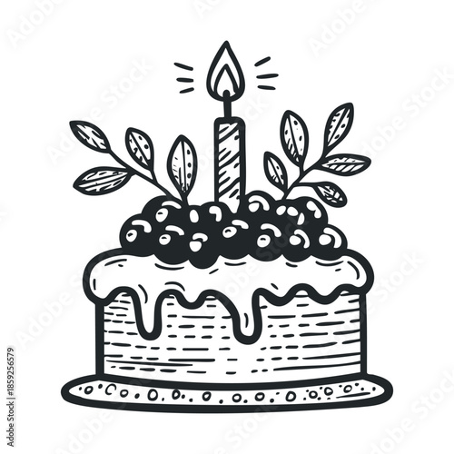 Hand drawn black and white birthday cake featuring a single lit candle and decorative berries with leaves, perfect for celebration invitations, greeting cards, or decorative prints for