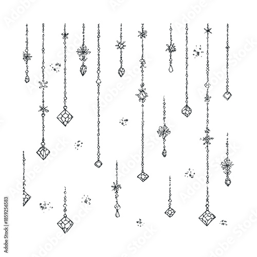 Elegant hand sketched ornamental hanging decorations featuring diverse shapes including geometric diamonds, floral stars, and elegant teardrops, suitable for festive occasions and event