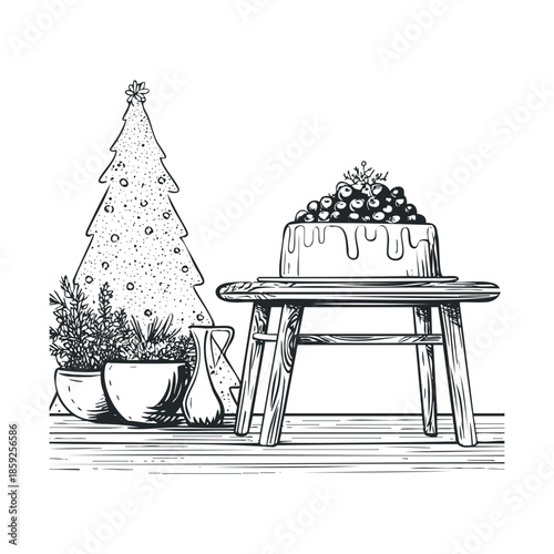 Hand drawn monochrome scene featuring a decorated Christmas tree, potted plants, and a delicious berry cake on a small wooden table, ideal for holiday greeting designs and seasonal event