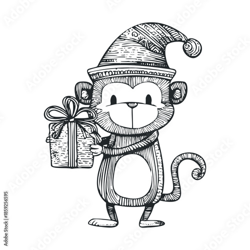 Charming monkey wearing a festive holiday hat and holding a gift box, ideal for seasonal greeting announcements, party invitations, and children’s literature.