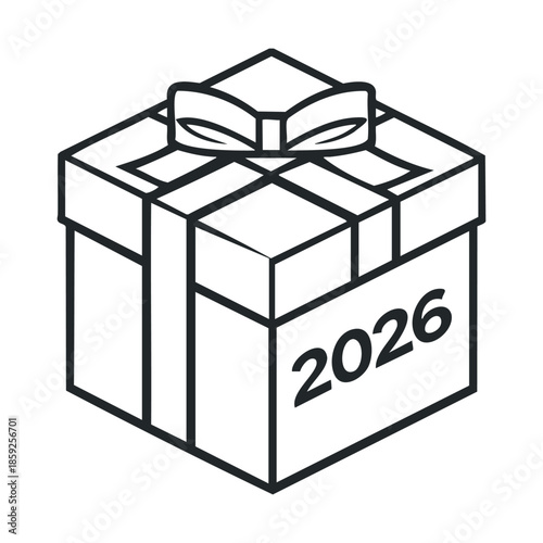 Minimalist line art depicting a gift box with a bow and the year 2026, perfect for future new year celebrations, event countdowns, upcoming holiday promotions, or annual greetings.