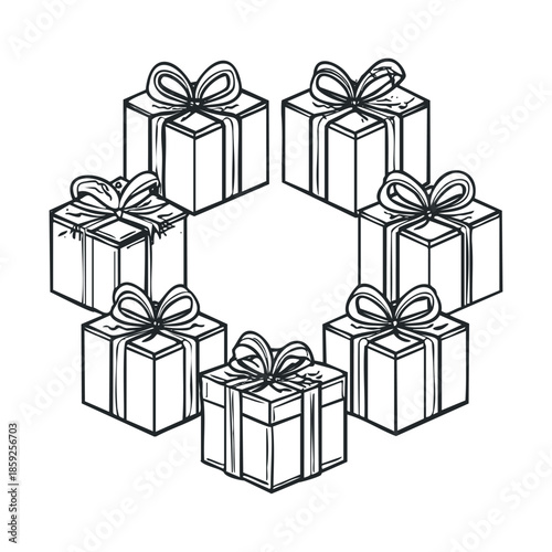 A cheerful circular arrangement of wrapped gift boxes adorned with elegant ribbons and bows, perfect for holiday greetings, special occasion announcements, or festive marketing campaigns.