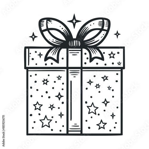 Festive gift box wrapped with a decorative bow and adorned with scattered stars and dots, suitable for holiday greetings, birthday wishes, and special occasion celebrations.