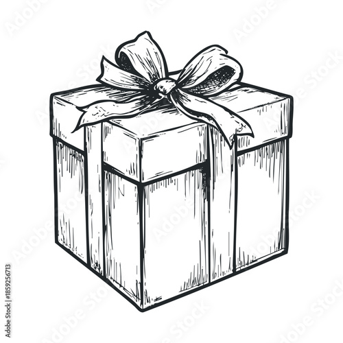 Hand drawn sketch of a classic present box with an elegant ribbon bow on top perfect for holiday greetings and celebration marketing materials
