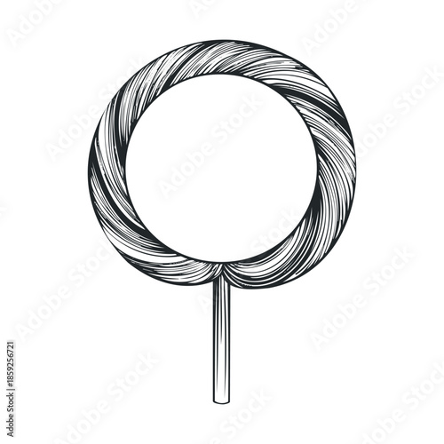 Delightful hand drawn black and white round lollipop on a stick perfect for sweet shop branding childrens party invitations and charming dessert menu illustrations
