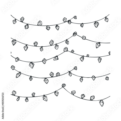 Doodle style string lights adorned with faceted gem shapes, creating a whimsical aesthetic for festive celebrations, holiday events, and decorative projects.