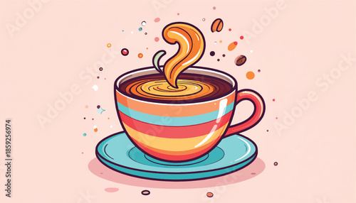 Colorful Cup of Coffee with Steam and Coffee Beans Illustration.
