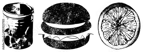 jar burger citrus slice black and white vector illustration