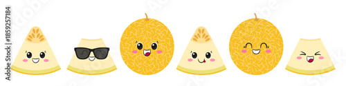 Whole and slice melon, set, fun and cute cartoon character, tasty ripe fruit, emotions joy delight, big eyes, happy smiling face, kawaii style, icon vector illustration.