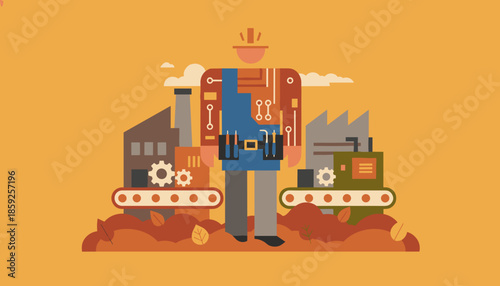 Industrial worker illustration with circuit elements standing between factory buildings and automated conveyor belts