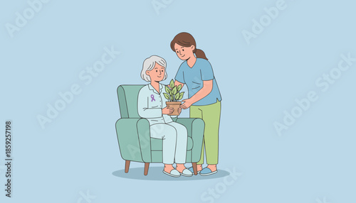 Nurse gives a plant to a senior patient with an awareness ribbon Showing support care and recovery