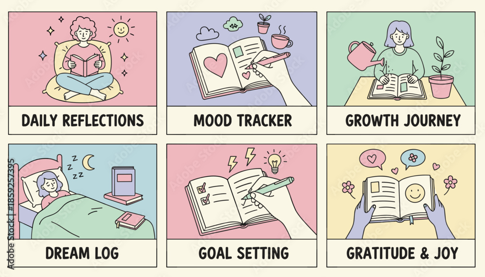 Fototapeta premium Illustrated guide to mental wellness selfcare routines journaling mood tracking and goal setting practices