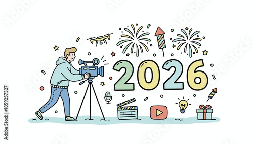 Videographer films New Year 2026 media Video production content creation digital marketing and future trends illustration
