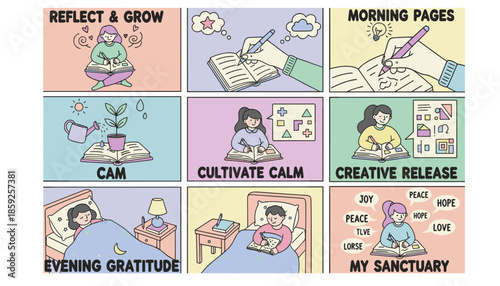 Daily selfcare routine illustration reflection gratitude creativity and calm journaling for mental wellbeing