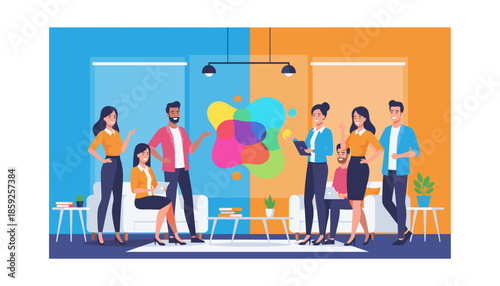 Diverse business team collaborating on creative strategy in a vibrant modern office setting