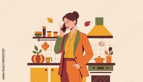 Businesswoman in autumn kitchen calls on phone Busy schedule home office worklife balance illustration