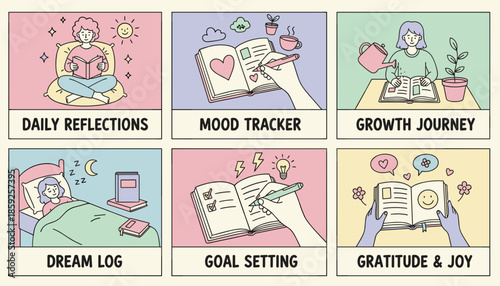 Illustrated guide to mental wellness selfcare routines journaling mood tracking and goal setting practices
