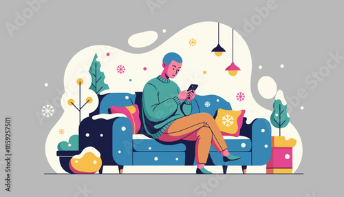 Young man uses a smartphone while relaxing on a comfortable sofa in a cozy winter interior