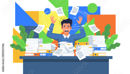 Overwhelmed worker stressed by huge piles of files and flying paperwork Corporate burnout and excessive workload concept