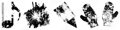 Five stylized musical note, sparkler, pencil, gloves