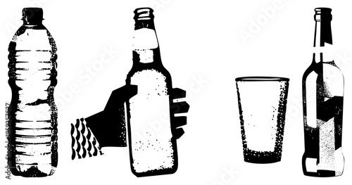 bottles and glass holding hand black and white vector