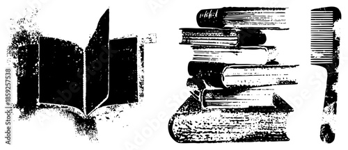 open book stack comb black and white vector