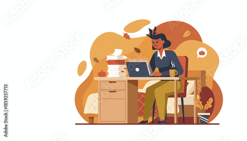 Overwhelmed businesswoman stressed by paperwork working at her autumn desk Work burnout concept
