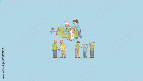 Caregiver assisting senior reading on a couch paired with active elderly people enjoying life Generational support