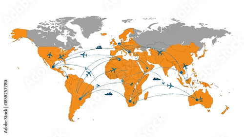 Global logistics and transportation network map with flights and shipping routes