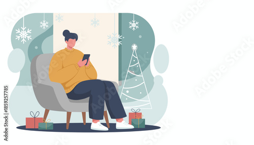 Person relaxing in armchair using phone during winter holidays surrounded by gifts and decor