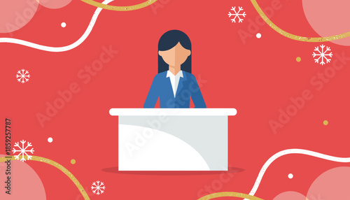 Illustrated businesswoman at a desk on a festive red background with winter snowflakes Seasonal business concept