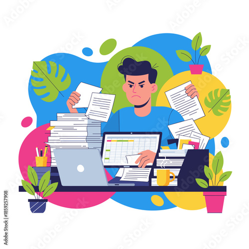 Man frustrated by huge piles of office work Concept of burnout bureaucracy or tax season stress