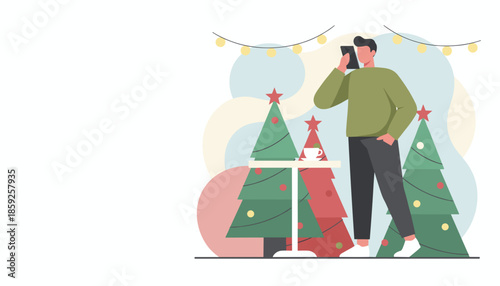 Man talks on smartphone near festive Christmas trees and string lights Holiday communication illustration