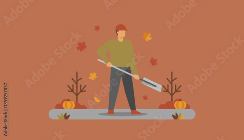 Flat vector illustration of a worker doing fall yard cleanup surrounded by autumn leaves and pumpkins