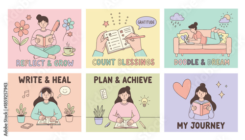Cute cartoon panel set women journaling reading and planning for personal growth selfcare and mental wellness