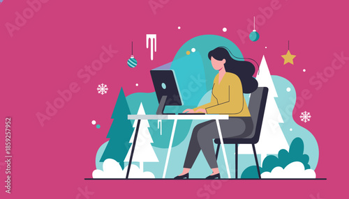 Woman working on computer during Christmas remote holiday workload concept